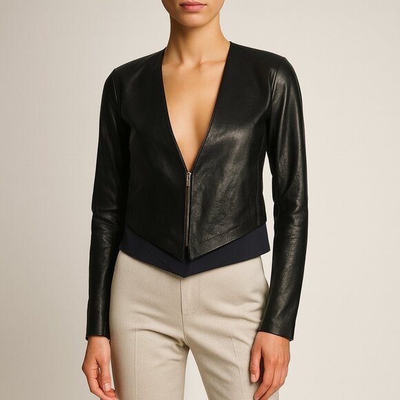 VEDA Leather Moto Jacket Women’s Size P/XS Black Blue Cropped Two-Tone Zip - Picture 1 of 12